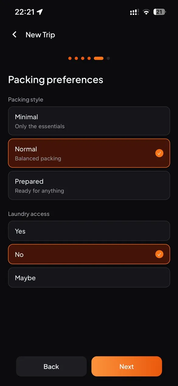 Voyagen packing preferences step